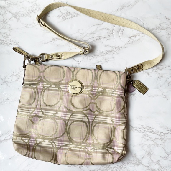 Coach Handbags - COACH Signature Lavender/Gold/Cream Plaid Hobo Crossbody Messenger Bag Zip